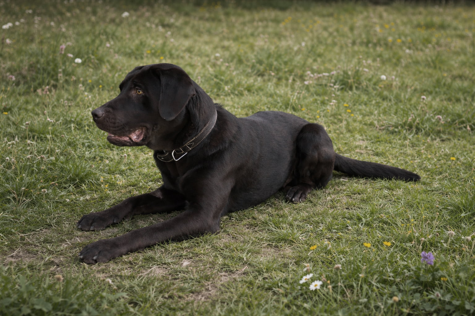 Brauner Labrador Deckrüde liegt auf grüner Wiese.